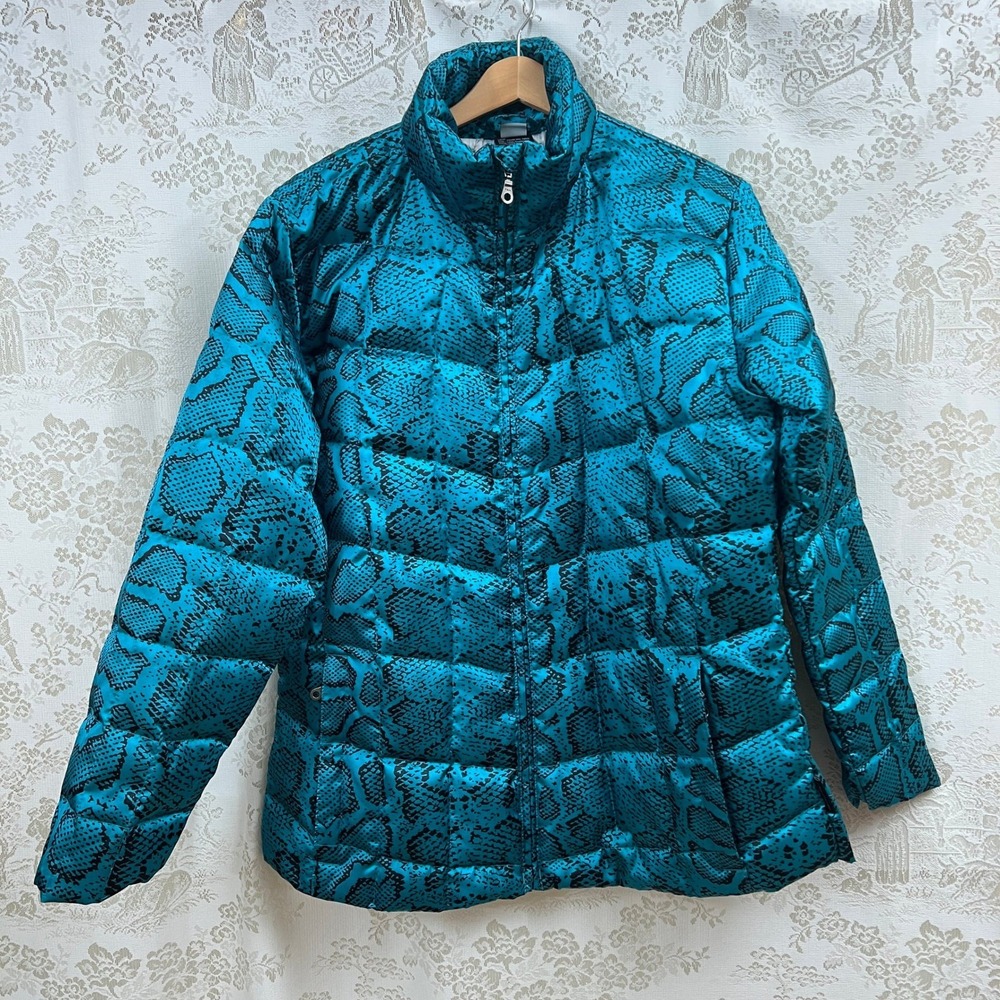 Obermeyer Puffer Jacket Y2K Ski Snow Teal Snake Print Down Coat Size M Womens
